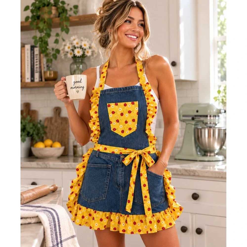 Handmade Denim Kitchen Apron Ladybug Ruffle Lee Jeans Repurposed Cottagecore